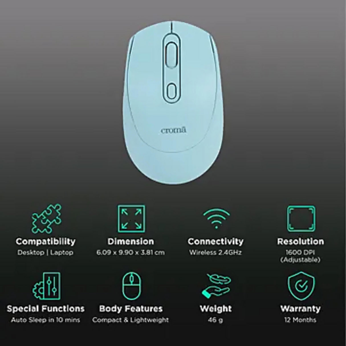 Croma Wireless Optical Mouse (1600 DPI, Compact & Lightweight Design, Blue) (OPENBOX)