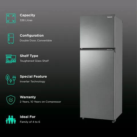 Panasonic Prime 338 Litres 3 Star Frost Free Double Door Convertible Refrigerator (Model: NR-TG357CVHN, Electric Grey) (OPENBOX)
