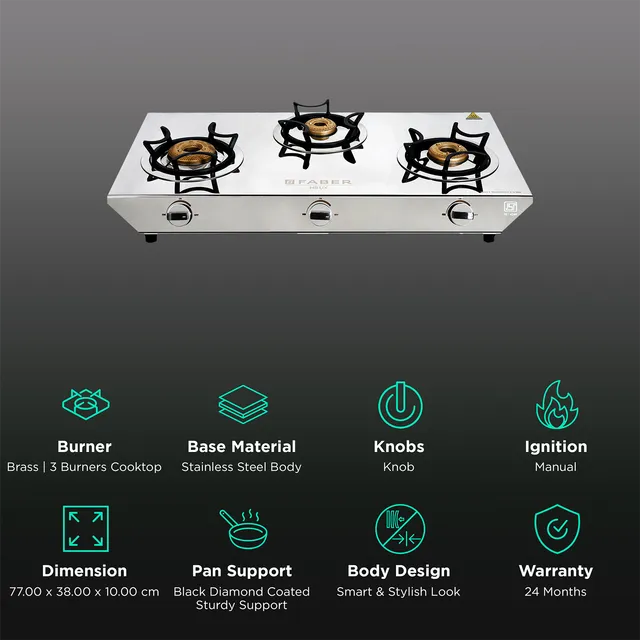 Faber Hilux Max 3BB SS 3 Burner Manual Gas Stove (Black Diamond Coated Sturdy Pan Support, Silver) (OPENBOX)