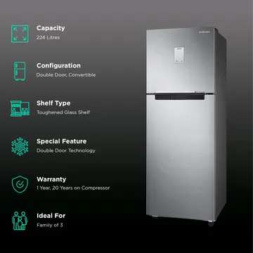 Samsung 224 Litres 2 Star Frost Free Double Door Refrigerator with Curd Maestro and Digital Inverter Compressor (RT28C3522S8/HL, Elegant Inox) (OPENBOX)