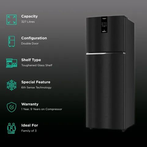Whirlpool Intellifresh Pro 375 327 Litres 2 Star Frost Free Double Door Convertible Refrigerator with 6th Sense Technology (Grey) (OPENBOX)