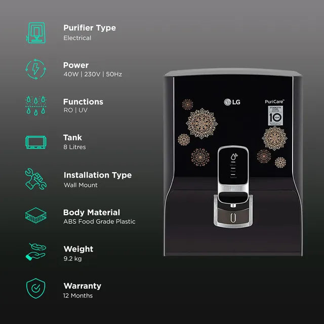 LG PuriCare 8L RO + UV Water Purifier with Mineral Booster (Black with Regal Pattern) (OPENBOX)