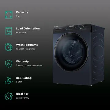 Haier 8 kg 5 Star Inverter Fully Automatic Front Load Washing Machine (HW80-IM12929CBK, Anti Bacterial Technology, Black) (OPENBOX)