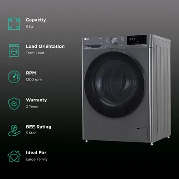 LG 8 Kg 5 Star Inverter Fully Automatic Front Load Washing Machine (FHP1208A5M.AMBQEIL, In-built Heater, Middle Black) (OPENBOX)