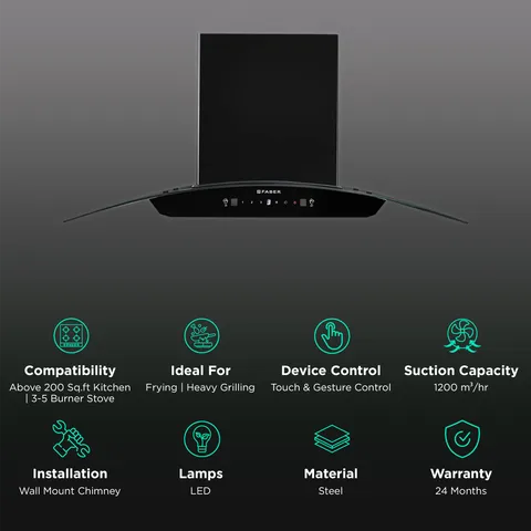 FABER SUNNY IN HC SC FL LG 90cm 1200m3/hr Ducted Auto Clean Wall Mounted Chimney with Touch & Gesture Control (Black) (OPENBOX)