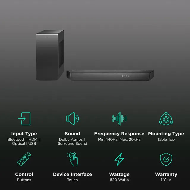PHILIPS 620W Bluetooth Soundbar with Remote (Dolby Atmos, 3.1 Channel, Black) (OPENBOX)