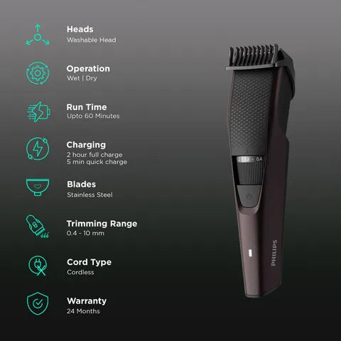 PHILIPS 3000 Series Rechargeable Cordless Wet & Dry Trimmer for Beard & Moustache with 20 Length Settings for Men (60min Runtime, LED Charge Indicator, Wine) (OPENBOX)