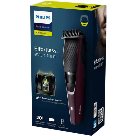 PHILIPS 3000 Series Rechargeable Cordless Wet & Dry Trimmer for Beard & Moustache with 20 Length Settings for Men (60min Runtime, LED Charge Indicator, Wine) (OPENBOX)