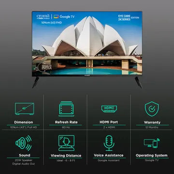 Croma 109 cm (43 inch) Full HD LED Smart Google TV with Bezel Less Display (OPENBOX)