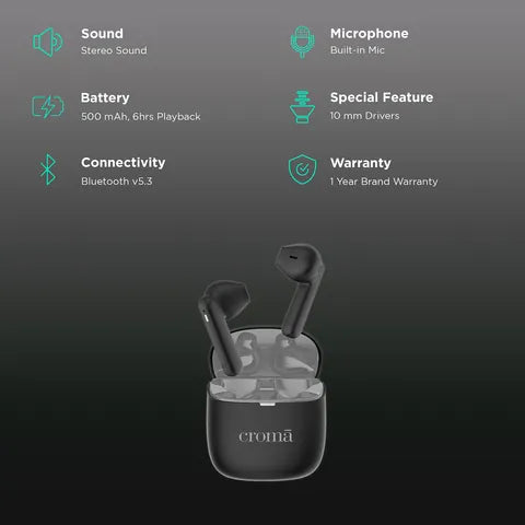 Croma TWS Earbuds (Fast Charging, Black and Grey) (OPENBOX)