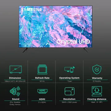 SAMSUNG CUE60 108 cm (43 inch) 4K Ultra HD LED Tizen TV with Crystal Processor 4K (2023 model) (OPENBOX)