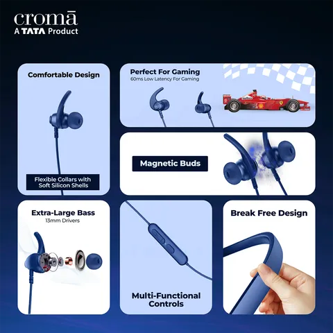 Croma Neckband with Environmental Noise Cancellation (IPX4 Water Resistant, Dual Device Pairing, Blue) (OPENBOX)