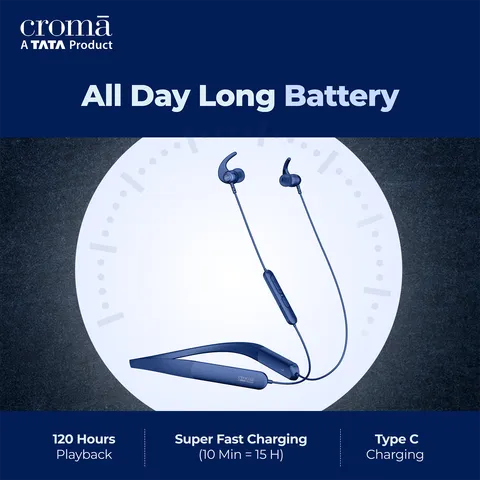 Croma Neckband with Environmental Noise Cancellation (IPX4 Water Resistant, Dual Device Pairing, Blue) (OPENBOX)