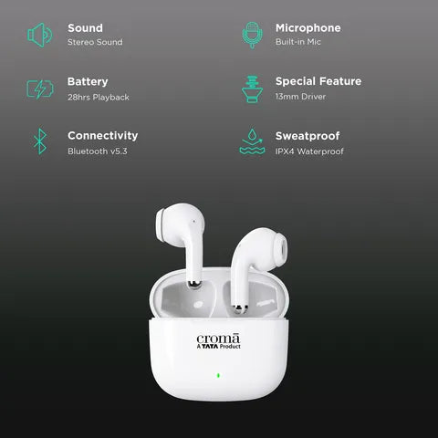 Croma IN 101 TWS Earbuds with Passive Noise Cancellation (IPX4 Water Resistant, 28 Hours Playback White) (OPENBOX)