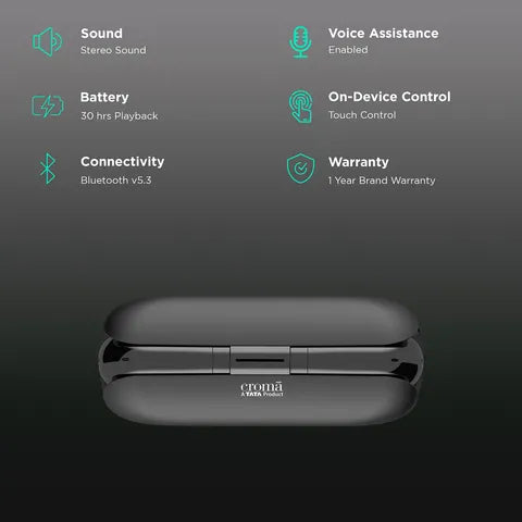 Croma Sliding TWS Earbuds with Passive Noise Cancellation (IPX4 Waterproof, 30 Hours Playback Time, Black) (OPENBOX)