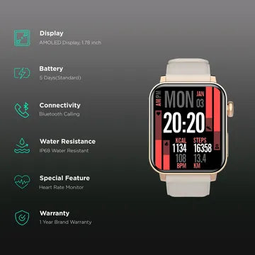 Croma Velocity AM Smartwatch with Bluetooth Calling (1.78 inches, AMOLED Display, IP68 Water Resistant, Gold Strap) (OPENBOX)