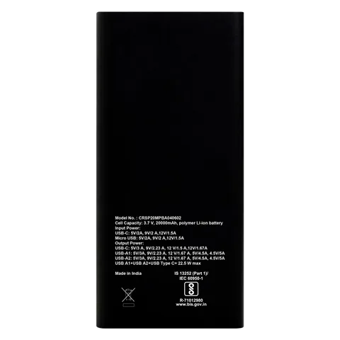 Croma 20000 mAh 22.5W Fast Charging Power Bank (2 Type A, 1 PD Type C & 1 Micro USB Port, Aluminium Casing, Apple Compatible, Black) (OPENBOX)