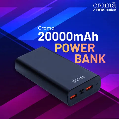 Croma 20000 mAh 22.5W Fast Charging Power Bank (2 Type A, 1 PD Type C & 1 Micro USB Port, Aluminium Casing, Apple Compatible, Black) (OPENBOX)
