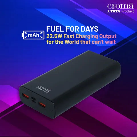 Croma 20000 mAh 22.5W Fast Charging Power Bank (2 Type A, 1 PD Type C & 1 Micro USB Port, Aluminium Casing, Apple Compatible, Black) (OPENBOX)