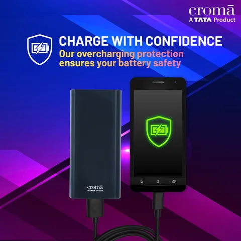 Croma 20000 mAh 22.5W Fast Charging Power Bank (2 Type A, 1 PD Type C & 1 Micro USB Port, Aluminium Casing, Apple Compatible, Black) (OPENBOX)
