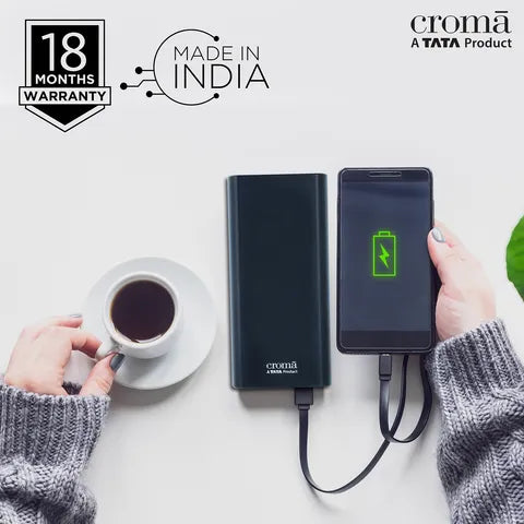 Croma 20000 mAh 22.5W Fast Charging Power Bank (2 Type A, 1 PD Type C & 1 Micro USB Port, Aluminium Casing, Apple Compatible, Black) (OPENBOX)