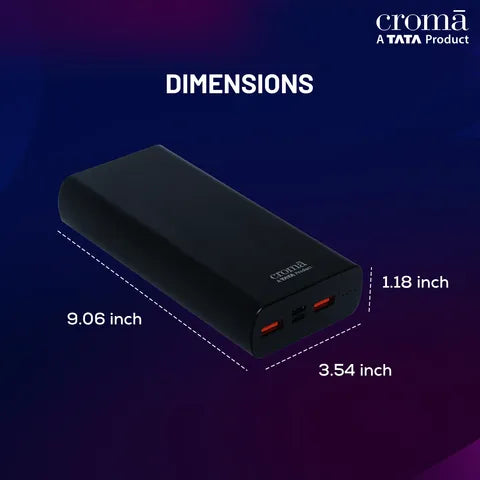 Croma 20000 mAh 22.5W Fast Charging Power Bank (2 Type A, 1 PD Type C & 1 Micro USB Port, Aluminium Casing, Apple Compatible, Black) (OPENBOX)