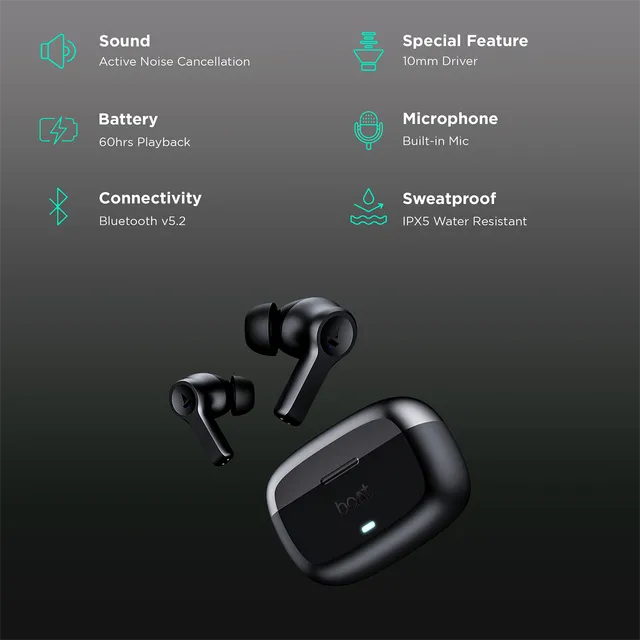 boAt Airdopes Flex 454 TWS Earbuds with Active Noise Cancellation (IPX5 Water Resistant, ASAP Charge, Gunmetal Black) (OPENBOX)