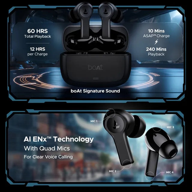 boAt Airdopes Flex 454 TWS Earbuds with Active Noise Cancellation (IPX5 Water Resistant, ASAP Charge, Gunmetal Black) (OPENBOX)