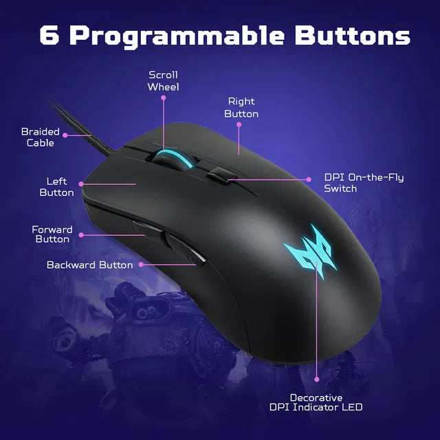 acer Predator Cestus 310 Wired Optical Mouse with 4 Preset Color Settings (4200 DPI, 10 Million Clicks, Black) (OPENBOX)