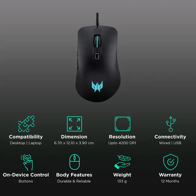 acer Predator Cestus 310 Wired Optical Mouse with 4 Preset Color Settings (4200 DPI, 10 Million Clicks, Black) (OPENBOX)