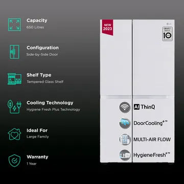 LG 650 Litres 3 Star Frost Free Side by Side Refrigerator with Smart Inverter Compressor (GLB257DLW3, Linen White) (OPENBOX)
