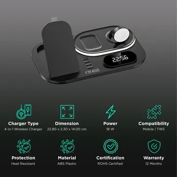 Croma 15W 4-in-1 Wireless Charger for iPhone 14, 14 Pro, 15, 15 Pro (Heat Resistant, Black) (OPENBOX)