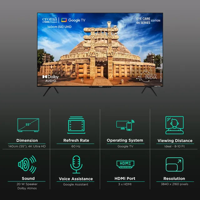Croma 140 cm (55 inch) 4K Ultra HD LED Google TV with Bezel Less Display (55UGC024602, 2023 Model) (OPENBOX)