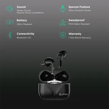 pTron Basspods P181 TWS Earbuds with Passive Noise Cancellation (IPX4 Water Resistant, 32 Hours Playtime, Black) (OPENBOX)
