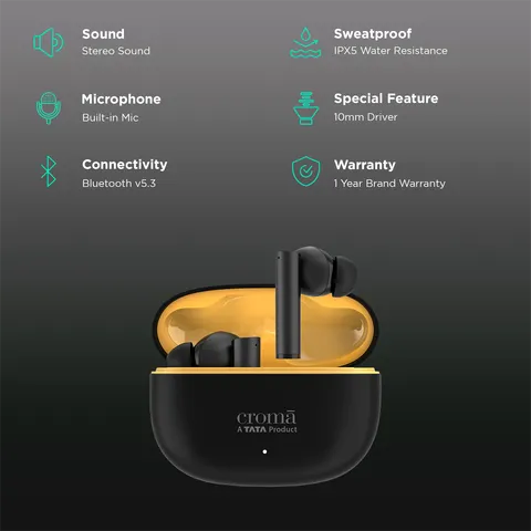 Croma IE 771 TWS Earbuds with Environmental Noise Cancellation (IPX5 Water Resistant, Dual Device Pairing, Black) (OPENBOX)