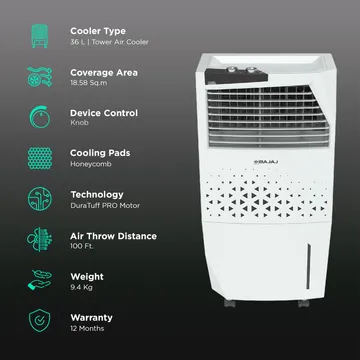 BAJAJ Shield Skive Nios 36 Litres Tower Air Cooler with DuraMarine PRO Pump (Anti Bacterial Hexacool Master, White) (OPENBOX)