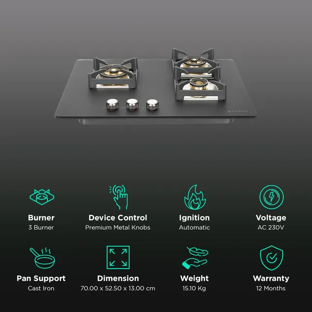 FABER BELLA HT 703 BR AI Glass Top 3 Burner Automatic Hob (Full Brass Burners, Black) (OPENBOX)