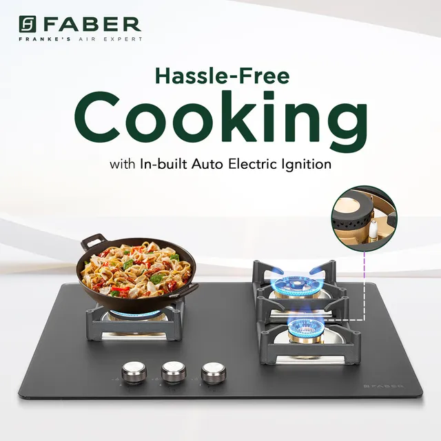 FABER BELLA HT 703 BR AI Glass Top 3 Burner Automatic Hob (Full Brass Burners, Black) (OPENBOX)
