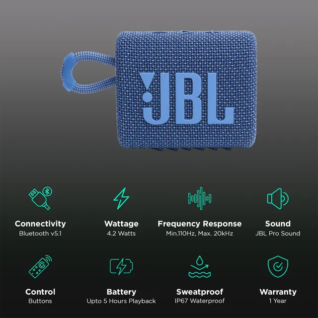 JBL Go 3 Eco 4.2W Portable Bluetooth Speaker (IP67 Waterproof, 5 Hours Playtime, 1.0 Channel, Blue) - OPEN BOX