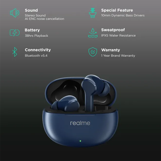 Realme Buds T110 TWS Earbuds with AI Noise Cancellation (IPX5 Water Resistant, 38 Hours Playback, Jazz Blue) (OPENBOX)