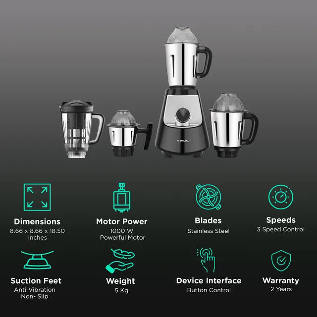 BAJAJ Military Series Evoque 1000 Watt 4 Jars Juicer Mixer Grinder (Efficient Grinding, Jet Black) (OPENBOX)