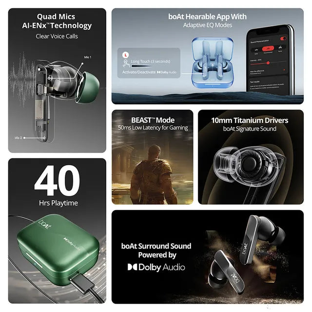 boAt Airdopes 800 TWS Earbuds with Environmental Noise Cancellation (IPX5 Water Resistant, ASAP Charge, Interstellar Blue) (OPENBOX)