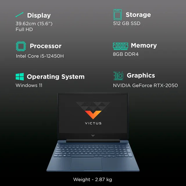 HP Victus 15-FA1310TX Intel Core i5 12th Gen Gaming Laptop (8GB, 512GB SSD, Windows 11, 4GB Graphics, 15.6 inch 144 Hz Full HD Display, NVIDIA GeForce RTX 2050, Performance Blue, 2.37 KG) (OPENBOX)