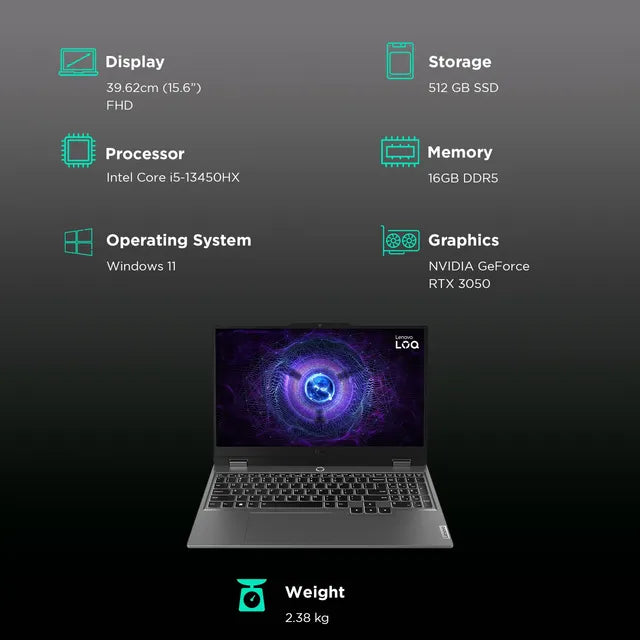 Lenovo LOQ 15IRX9 Intel Core i5 13th Gen Gaming Laptop (16GB, 512GB SSD, Windows 11 Home, 6GB Graphics, 15.6 inch 144 Hz Full HD IPS Display, NVIDIA GeForce RTX 3050, MS Office 2021, Luna Grey, 2.38 KG) (OPENBOX)
