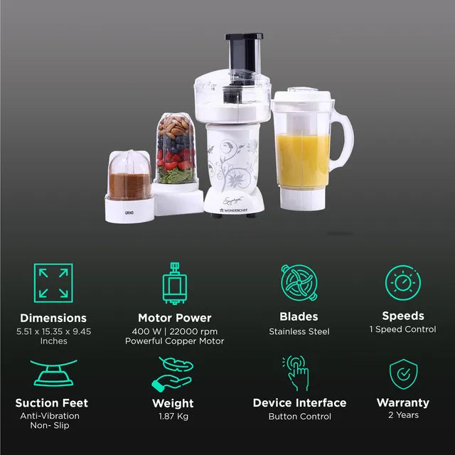 WONDERCHEF Nutri-Blend 400 Watt Food Processor with Stainless Steel Blades (White) (OPENBOX)