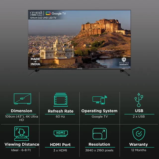 Croma 109 cm (43 inch) 4K Ultra HD LED Google TV with Dolby Audio (OPENBOX)