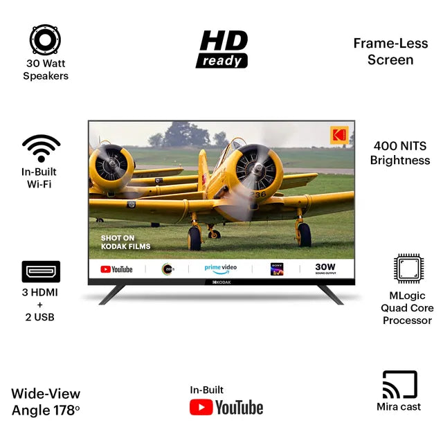 KODAK 32SE5001BL 80 cm (32 inch) HD Ready LED Smart Linux TV with DLED Panel (2023 model) (OPENBOX)