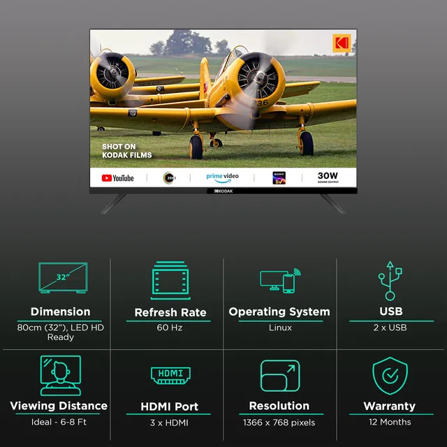 KODAK 32SE5001BL 80 cm (32 inch) HD Ready LED Smart Linux TV with DLED Panel (2023 model) (OPENBOX)