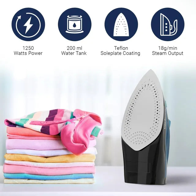 Crompton FabrimaX Plus 1250 Watts 200ml Steam Iron (6 Fabric Settings, Black and Blue) (OPENBOX)