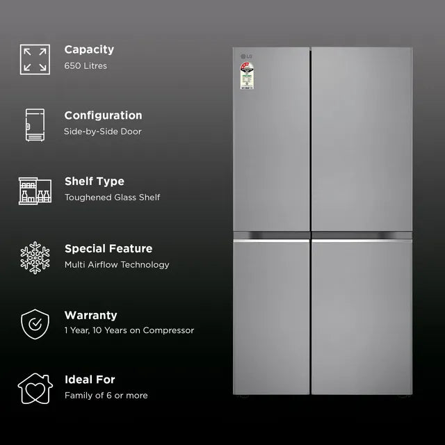 LG 650 Litres 3 Star Frost Free Side by Side Refrigerator with DoorCooling Plus Technology (GL- B257HPZ3, Shiny Steel)-OPEN BOX